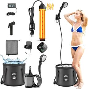 2026 Upgraded Portable Shower with Heater for Camping, 6000mAh Rechargeable Camping Shower Pump with LED Display, 3 Spray Modes 5 Gal Foldable Bucket, Outdoor Shower for Travel RV Pet Bath Car Washing in Saudi Arabia
