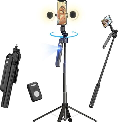 70.9" Auto Face Tracking Selfie Stick Tripod for iPhone Android with Lights, No App, 360°Rotation Tripod that Follows Your Movement with Remote Control for Live Streaming, TikTok, YouTube in Saudi Arabia