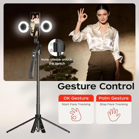 70.9" Auto Face Tracking Selfie Stick Tripod for iPhone Android with Lights, No App, 360°Rotation Tripod that Follows Your Movement with Remote Control for Live Streaming, TikTok, YouTube in Saudi Arabia