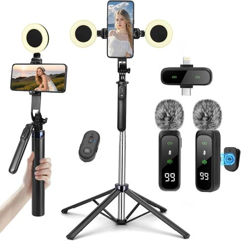 Content Creator Vlogging Kit,180CM Metal Selfie Stick Tripod with Light and Wireless Microphones,Vlogging Kit for iPhone/Android,Phone Tripod for Tiktok &YouTube Starter Kit in Saudi Arabia