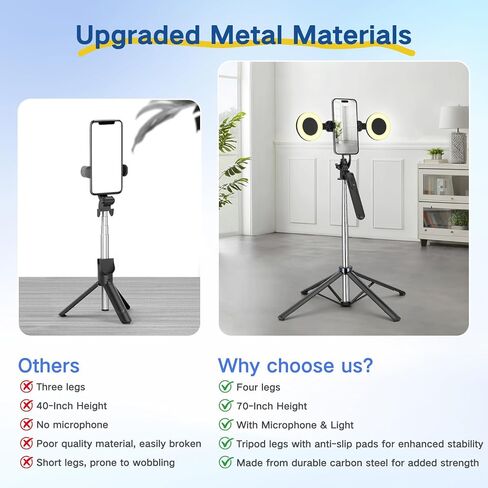 Content Creator Vlogging Kit,180CM Metal Selfie Stick Tripod with Light and Wireless Microphones,Vlogging Kit for iPhone/Android,Phone Tripod for Tiktok &YouTube Starter Kit in Saudi Arabia