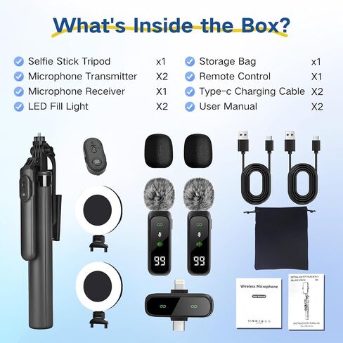 Content Creator Vlogging Kit,180CM Metal Selfie Stick Tripod with Light and Wireless Microphones,Vlogging Kit for iPhone/Android,Phone Tripod for Tiktok &YouTube Starter Kit in Saudi Arabia
