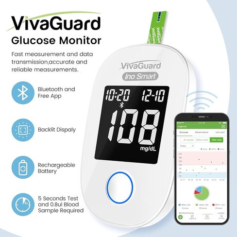 VivaGuard Ino Smart Blood Glucose Monitor Kit with Free App, Bluetooth and Rechargeable Blood Glucose Meter with 100 Strips & 100 Lancets, Travel Portable Blood Sugar Diabetes Testing Kit, No Coding in Saudi Arabia