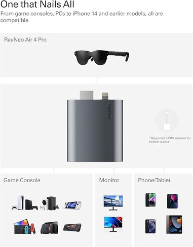 محول RayNeo HDMI 2.0 (يدعم HDR10) لهاتف iPhone 14 والإصدارات الأقدم مع أجهزة Lightning/HDMI، بطارية مدمجة وشحن وتشغيل، يدعم 1080P@120 هرتز - لنظارات Air 4 Pro AR in Kuwait