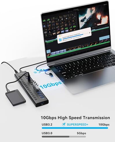 موزع USB يعمل بالطاقة 3.2 الجيل الثاني، VANGREE 16 منفذ USB Hub (8 USB-A 3.2+8 USB-C 3.2)، محور توسيع متعدد المنافذ من الألومنيوم بسرعة 10 جيجابت في الثانية مع محول طاقة 96 وات للكمبيوتر المحمول HDD SSD in Kuwait