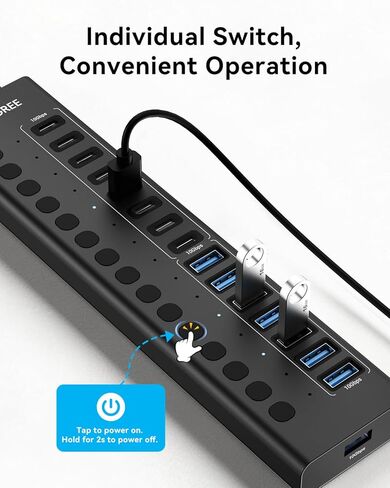 موزع USB يعمل بالطاقة 3.2 الجيل الثاني، VANGREE 16 منفذ USB Hub (8 USB-A 3.2+8 USB-C 3.2)، محور توسيع متعدد المنافذ من الألومنيوم بسرعة 10 جيجابت في الثانية مع محول طاقة 96 وات للكمبيوتر المحمول HDD SSD in Kuwait
