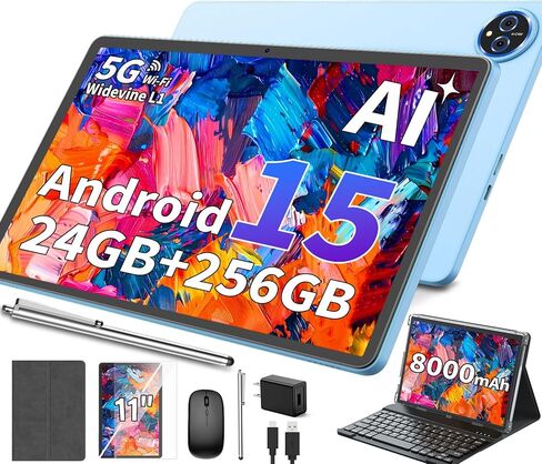 2026 11 Inch Tablet, Android 15 Tablet with Keyboard, 24GB+256GB+2TB Expand, Gemini AI Tablets PC with 8-Core, 8000mAh, 5G WiFi, Widevine L1, GPS, 2 in 1 Large Tablet with Case, Mouse, Stylus (Green) in Saudi Arabia