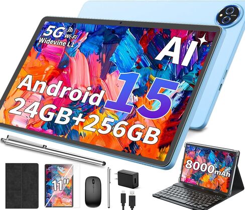تابلت 2026 مقاس 11 بوصة، جهاز لوحي Android 15 مع لوحة مفاتيح، 24 جيجابايت + 256 جيجابايت + 2 تيرابايت موسع، أجهزة لوحية Gemini AI مع 8 النواة، 8000 مللي أمبير، 5G WiFi، Widevine L1، GPS، 2 في 1 كمبيوتر لوحي كبير مع حافظة، ماوس، قلم (أخضر) in Kuwait