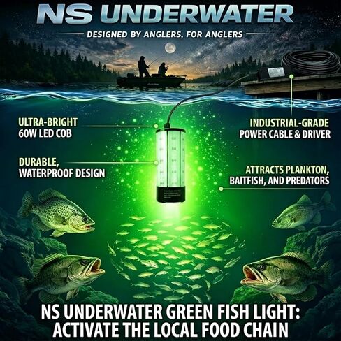 NS Green مصباح الصيد تحت الماء 60 وات 7500LM، 110 فولت تيار متردد و12 فولت تيار مستمر طاقة مزدوجة، حوض ليلي غاطس LED وإضاءة القارب، طقم صيد ليلي للمياه المالحة مقاوم للماء للكرابي والبحيرة والكاياك in Kuwait