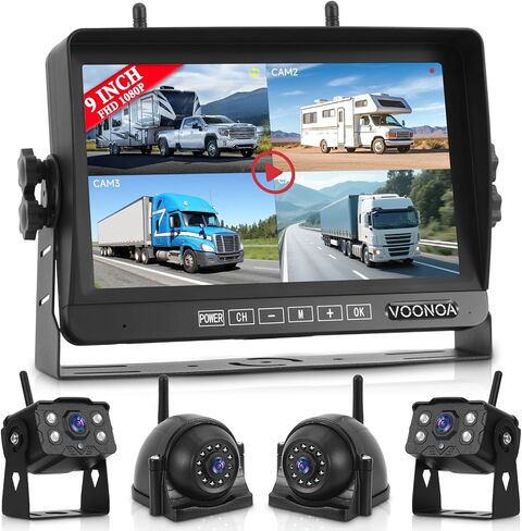 نظام كاميرا احتياطية لاسلكي RV، شاشة DVR 9 بوصة 1080 بكسل مع 4 كاميرات IP69 مقاومة للماء للرؤية الليلية والرؤية الخلفية الجانبية لشاحنة مقطورة والتخييم المتوافقة مع حامل Furrion in Kuwait