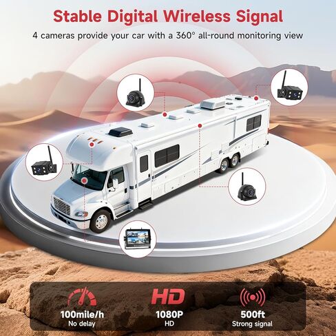 Wireless RV Backup Camera System, Backup Camera for Truck | 9" 1080P DVR 4 Channels Monitor with 4 IP69 Waterproof IR Night Vision Side Rear View Back Up Cameras for Trailer Camper in Kuwait