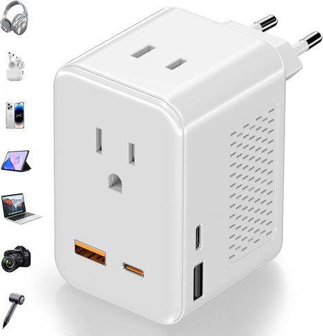 220V to 110V Voltage Converter US to Europe, Travel Adapter Plug Converter for European with 20W PD & 2USB-A & 2USB-C, European Power Converter Combo USA to Spain Italy France, Black in Saudi Arabia