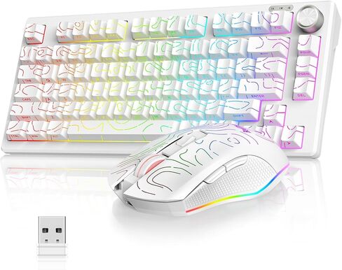 مجموعة لوحة مفاتيح وماوس لاسلكية RedThunder K75، لوحة مفاتيح محفورة جانبيًا بغشاء بنسبة 75%، ماوس ألعاب بصري بدقة 4800 نقطة في البوصة، 3 أوضاع (BT/2.4G/سلكي)، نظام مزدوج، إضاءة خلفية RGB، بطارية قابلة لإعادة الشحن، أبيض محيطي in Kuwait