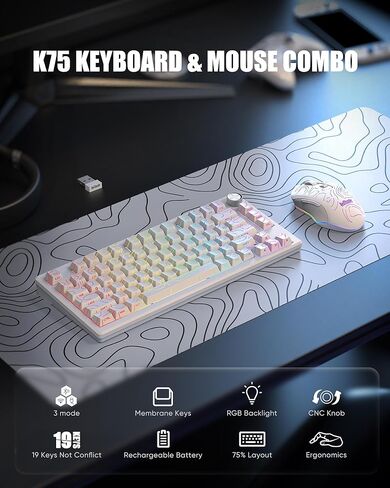 مجموعة لوحة مفاتيح وماوس لاسلكية RedThunder K75، لوحة مفاتيح محفورة جانبيًا بغشاء بنسبة 75%، ماوس ألعاب بصري بدقة 4800 نقطة في البوصة، 3 أوضاع (BT/2.4G/سلكي)، نظام مزدوج، إضاءة خلفية RGB، بطارية قابلة لإعادة الشحن، أبيض محيطي in Kuwait