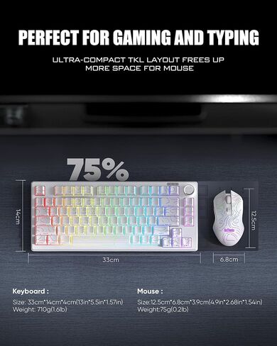مجموعة لوحة مفاتيح وماوس لاسلكية RedThunder K75، لوحة مفاتيح محفورة جانبيًا بغشاء بنسبة 75%، ماوس ألعاب بصري بدقة 4800 نقطة في البوصة، 3 أوضاع (BT/2.4G/سلكي)، نظام مزدوج، إضاءة خلفية RGB، بطارية قابلة لإعادة الشحن، أبيض محيطي in Kuwait