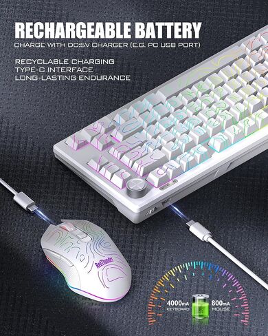 مجموعة لوحة مفاتيح وماوس لاسلكية RedThunder K75، لوحة مفاتيح محفورة جانبيًا بغشاء بنسبة 75%، ماوس ألعاب بصري بدقة 4800 نقطة في البوصة، 3 أوضاع (BT/2.4G/سلكي)، نظام مزدوج، إضاءة خلفية RGB، بطارية قابلة لإعادة الشحن، أبيض محيطي in Kuwait
