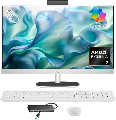 HP 27 FHD Touchscreen All-in-One Desktop PC, 27" IPS Copilot AI PC Computer, AMD Ryzen AI 7 350(8-core), 32GB DDR5 RAM, 2TB SSD, Wi-Fi 6, Webcam, Windows 11 Pro, Bundle with USB HUB in Saudi Arabia