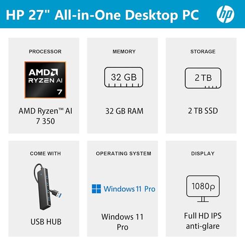 HP 27 FHD Touchscreen All-in-One Desktop PC, 27" IPS Copilot AI PC Computer, AMD Ryzen AI 7 350(8-core), 32GB DDR5 RAM, 2TB SSD, Wi-Fi 6, Webcam, Windows 11 Pro, Bundle with USB HUB in Saudi Arabia