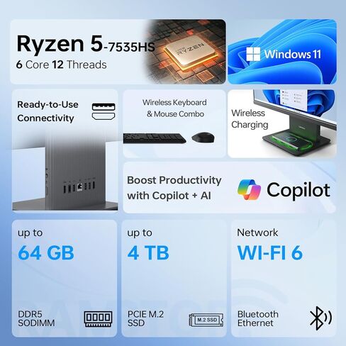 Lenovo IdeaCentre 27 بوصة مخصص للأعمال الكل في واحد، شاشة لمس FHD 100 هرتز، AMD Ryzen 5 7535HS، ذاكرة الوصول العشوائي DDR5 16 جيجابايت/64 جيجابايت، 1 تيرابايت/4 تيرابايت SSD، لوحة مفاتيح وماوس لاسلكيين، RJ-45، Win11 Pro in Kuwait