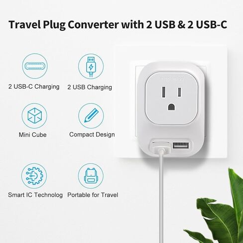 محول الجهد Mapambo من الولايات المتحدة إلى أوروبا للسفر: محول السفر العالمي الدولي مع شحن سريع 2 USB-A 2 منفذ USB-C محولات الطاقة العالمية مجموعة التوصيل لإسبانيا إيطاليا (أبيض) in Kuwait