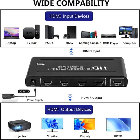 مقسم HDMI 4K 1×4، مقسم HDMI يعمل بالطاقة 1 في 4 يدعم 4Kx2K@30 هرتز، ثلاثي الأبعاد، مرآة/شاشة نسخ فقط (غير ممتدة) 4 منافذ HD الفاصل للتلفزيون عالي الوضوح، والكمبيوتر المحمول، وPS4، وجهاز العرض، وصندوق فك التشفير. in Kuwait
