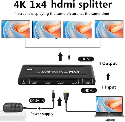 مقسم HDMI 4K 1×4، مقسم HDMI يعمل بالطاقة 1 في 4 يدعم 4Kx2K@30 هرتز، ثلاثي الأبعاد، مرآة/شاشة نسخ فقط (غير ممتدة) 4 منافذ HD الفاصل للتلفزيون عالي الوضوح، والكمبيوتر المحمول، وPS4، وجهاز العرض، وصندوق فك التشفير. in Kuwait