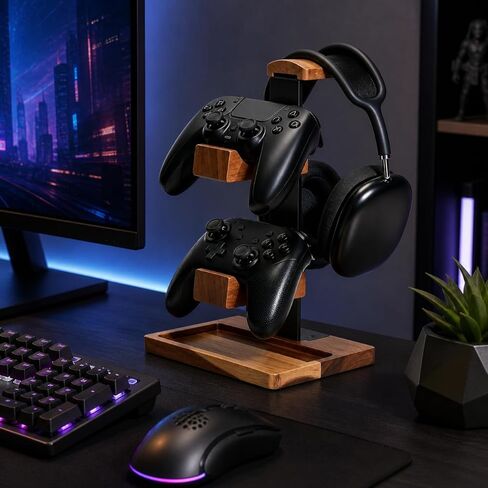 Three-Layer Gaming Headset & Controller Stand, Solid Wood Esports Accessory Storage Rack with Tray, Non-Slip Desktop Organizer for Over-Ear Headphones & Universal Controllers – for Gamers in Saudi Arabia