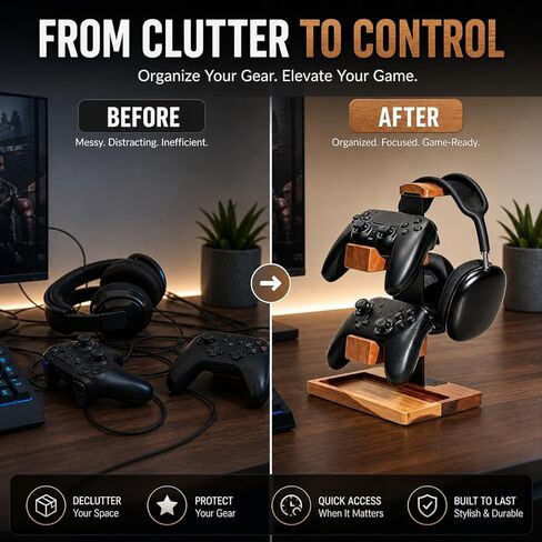 Three-Layer Gaming Headset & Controller Stand, Solid Wood Esports Accessory Storage Rack with Tray, Non-Slip Desktop Organizer for Over-Ear Headphones & Universal Controllers – for Gamers in Saudi Arabia