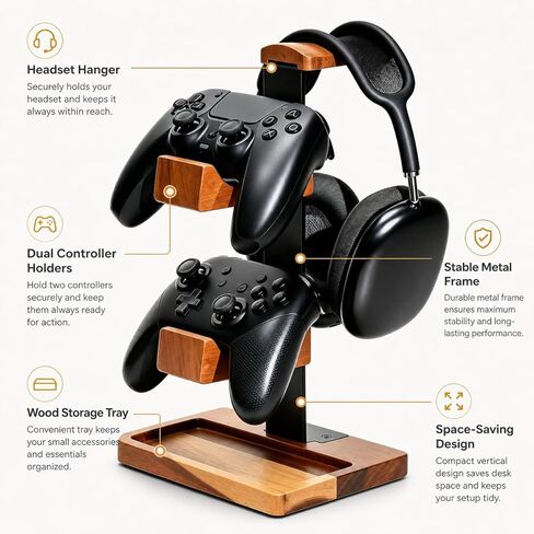 Three-Layer Gaming Headset & Controller Stand, Solid Wood Esports Accessory Storage Rack with Tray, Non-Slip Desktop Organizer for Over-Ear Headphones & Universal Controllers – for Gamers in Saudi Arabia