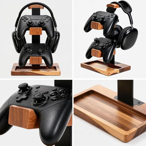 Three-Layer Gaming Headset & Controller Stand, Solid Wood Esports Accessory Storage Rack with Tray, Non-Slip Desktop Organizer for Over-Ear Headphones & Universal Controllers – for Gamers in Saudi Arabia