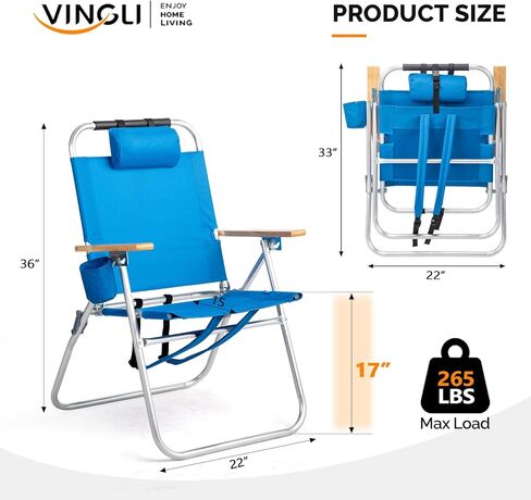 VINGLI 17" Tall Beach Chair, Aluminum Backpack Beach Chairs for Adults, Portable with Adjustable Straps, 3-Position Reclining, Cup Holder, High Lightweight Beach Chairs for Beach in Saudi Arabia