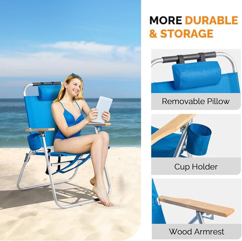 VINGLI 17" Tall Beach Chair, Aluminum Backpack Beach Chairs for Adults, Portable with Adjustable Straps, 3-Position Reclining, Cup Holder, High Lightweight Beach Chairs for Beach in Saudi Arabia