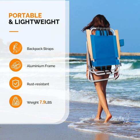VINGLI 17" Tall Beach Chair, Aluminum Backpack Beach Chairs for Adults, Portable with Adjustable Straps, 3-Position Reclining, Cup Holder, High Lightweight Beach Chairs for Beach in Saudi Arabia