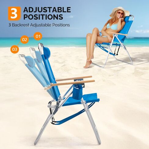 VINGLI 17" Tall Beach Chair, Aluminum Backpack Beach Chairs for Adults, Portable with Adjustable Straps, 3-Position Reclining, Cup Holder, High Lightweight Beach Chairs for Beach in Saudi Arabia