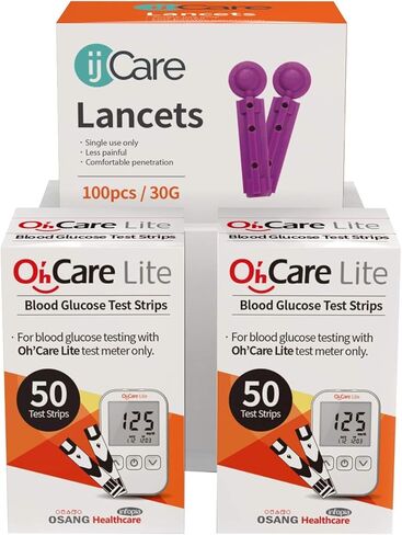 جهاز مراقبة نسبة السكر في الدم من Oh'Care Lite - شرائط اختبار الجلوكوز والمشارط لاختبار الدم - مستلزمات مرض السكري دقيقة وبأسعار معقولة (100 شريط) in Saudi Arabia