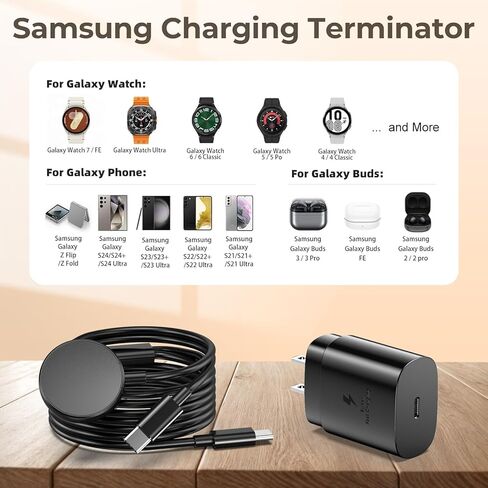 2 in 1 for Samsung Watch Charger,25W USB C Charger Fast Charging Compatible with Galaxy Watch 8/8 Classic/Ultra/7/6-3/Active/FE Galaxy S25 Ultra/S24-S20/A14/A54/Z Fold 6/5/Z Flip 6/5(4.1FT) in Saudi Arabia