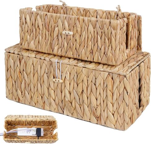 Cable Management Box with Lids-Handwoven Rattan Cord Organizer with Open Slots,Desk Organizer Box to Hide Power Strips&Cords,Office Desk Accessories Storage Basket,2 Pack in Saudi Arabia