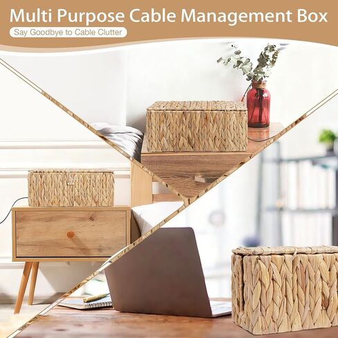 Cable Management Box with Lids-Handwoven Rattan Cord Organizer with Open Slots,Desk Organizer Box to Hide Power Strips&Cords,Office Desk Accessories Storage Basket,2 Pack in Saudi Arabia