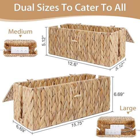 Cable Management Box with Lids-Handwoven Rattan Cord Organizer with Open Slots,Desk Organizer Box to Hide Power Strips&Cords,Office Desk Accessories Storage Basket,2 Pack in Saudi Arabia