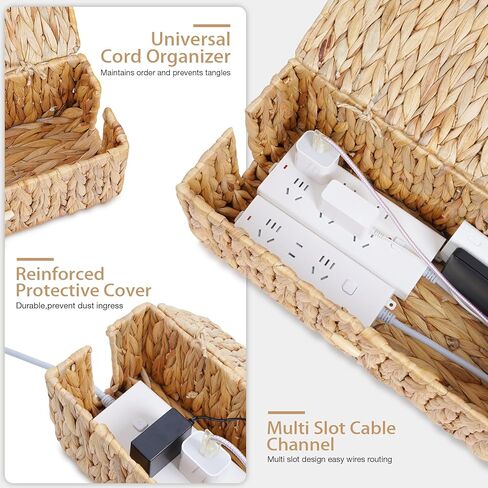 Cable Management Box with Lids-Handwoven Rattan Cord Organizer with Open Slots,Desk Organizer Box to Hide Power Strips&Cords,Office Desk Accessories Storage Basket,2 Pack in Saudi Arabia