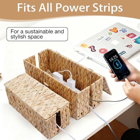 Cable Management Box with Lids-Handwoven Rattan Cord Organizer with Open Slots,Desk Organizer Box to Hide Power Strips&Cords,Office Desk Accessories Storage Basket,2 Pack in Saudi Arabia