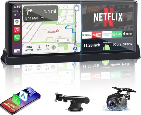 2026 Upgraded 11.26'' Carplay Screen for Car with Netflix YouTube TikTok Apps and Backup Camera Built-in Entertainment Video Box Navigation Voice Control OTA Updates for All Vehicles in Saudi Arabia