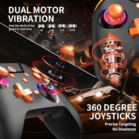 وحدة تحكم ألعاب لاسلكية، وحدة تحكم للكمبيوتر الشخصي/Switch/P3/iOS/Android مع 4 أزرار برمجة، مشغل تأثير Hall، إضاءة RGB، بطارية 1000 مللي أمبير في الساعة، توربو، اهتزاز مزدوج، لقطة شاشة، أسود + برتقالي in Kuwait