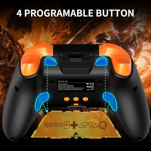 وحدة تحكم ألعاب لاسلكية، وحدة تحكم للكمبيوتر الشخصي/Switch/P3/iOS/Android مع 4 أزرار برمجة، مشغل تأثير Hall، إضاءة RGB، بطارية 1000 مللي أمبير في الساعة، توربو، اهتزاز مزدوج، لقطة شاشة، أسود + برتقالي in Kuwait
