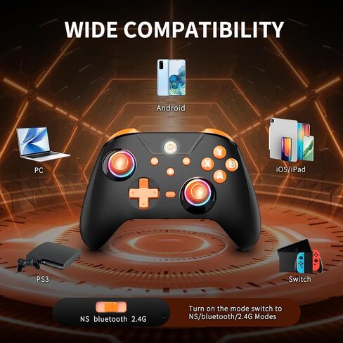 وحدة تحكم ألعاب لاسلكية، وحدة تحكم للكمبيوتر الشخصي/Switch/P3/iOS/Android مع 4 أزرار برمجة، مشغل تأثير Hall، إضاءة RGB، بطارية 1000 مللي أمبير في الساعة، توربو، اهتزاز مزدوج، لقطة شاشة، أسود + برتقالي in Kuwait