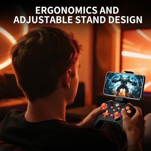 وحدة تحكم ألعاب لاسلكية، وحدة تحكم للكمبيوتر الشخصي/Switch/P3/iOS/Android مع 4 أزرار برمجة، مشغل تأثير Hall، إضاءة RGB، بطارية 1000 مللي أمبير في الساعة، توربو، اهتزاز مزدوج، لقطة شاشة، أسود + برتقالي in Kuwait