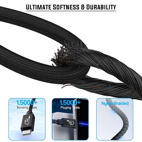 كابل USB4 بقدرة 240 وات للشحن السريع ومزامنة البيانات، كابل USB 4 بطول 6.6 قدم، نقل بيانات بسرعة 40 جيجابت في الثانية، شاشة عالية الدقة 8K/4K، كابل بيانات مجدول USB C إلى C لـ Thunderbolt 3، MacBook Pro/Air، iPhone 17/16/15، iPad in Kuwait