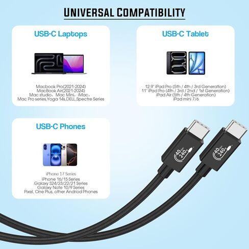 كابل USB4 بقدرة 240 وات للشحن السريع ومزامنة البيانات، كابل USB 4 بطول 6.6 قدم، نقل بيانات بسرعة 40 جيجابت في الثانية، شاشة عالية الدقة 8K/4K، كابل بيانات مجدول USB C إلى C لـ Thunderbolt 3، MacBook Pro/Air، iPhone 17/16/15، iPad in Kuwait