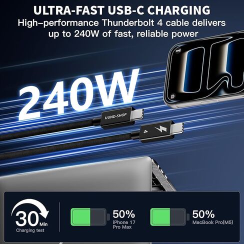 كابل USB4 لـ Thunderbolt 4 بطول 6.6 أقدام، مزامنة بيانات 40 جيجابت في الثانية، شحن سريع 240 وات، شاشة 8K/Dual 4K HD، كابل USB C إلى C منسوج لـ Thunderbolt 4/3، MacBook Pro/Air(M1/M2/M3/M4/M5)، iPhone 17/16/15 in Kuwait