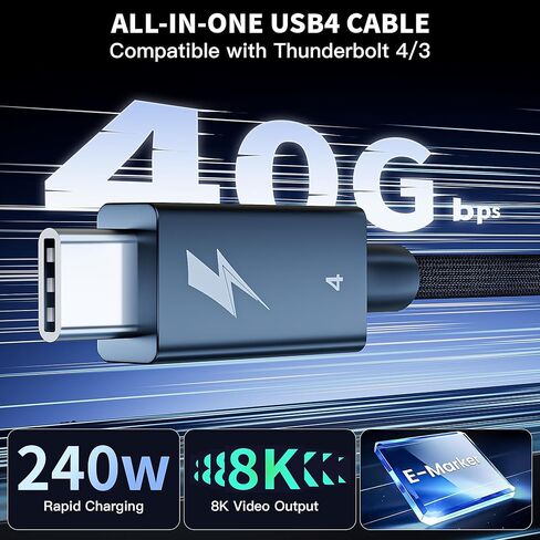 كابل USB4 لـ Thunderbolt 4 بطول 6.6 أقدام، مزامنة بيانات 40 جيجابت في الثانية، شحن سريع 240 وات، شاشة 8K/Dual 4K HD، كابل USB C إلى C منسوج لـ Thunderbolt 4/3، MacBook Pro/Air(M1/M2/M3/M4/M5)، iPhone 17/16/15 in Kuwait